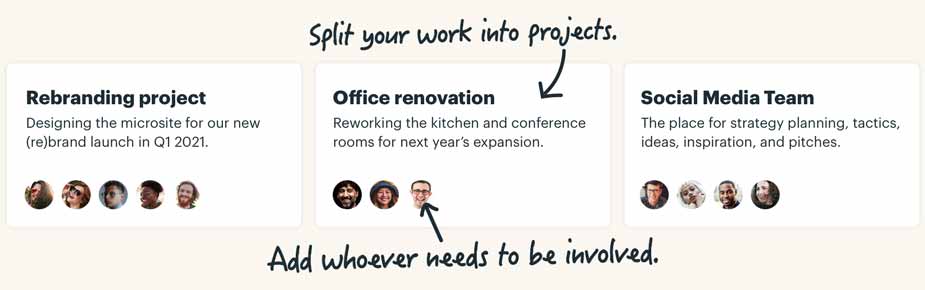 Split your work into projects. Add whoever needs to be involved.